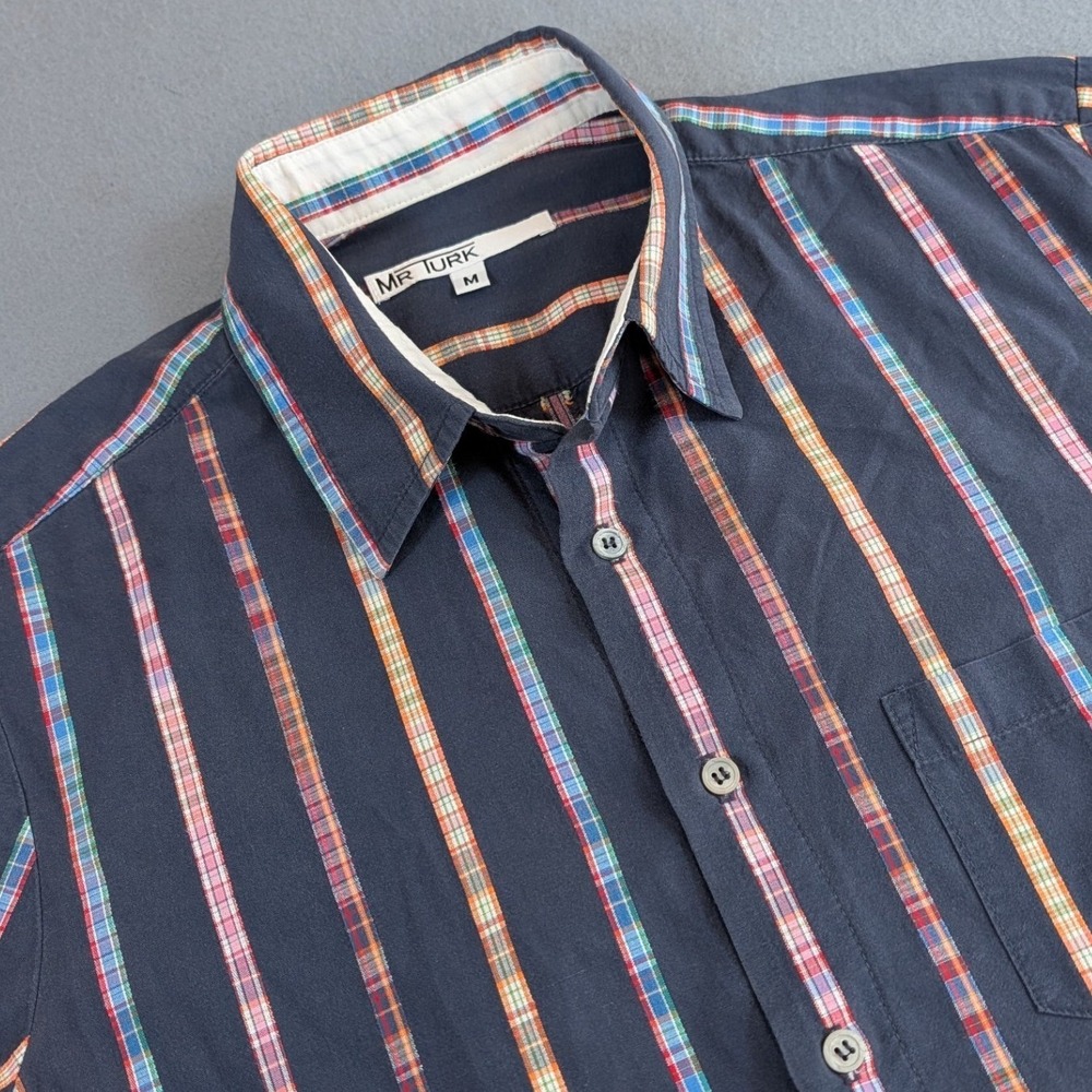 Mr. Turk Button Down Shirt Mens Medium Blue Multi Color Vertical Stripe S/S